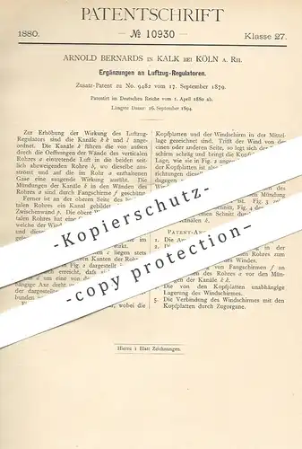 original Patent - Arnold Bernards , Kalk / Köln / Rhein , 1879 , Luftzug - Regulator | Lüftung , Gebläse , Regulatoren