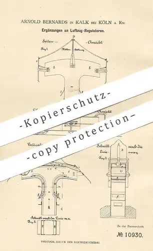 original Patent - Arnold Bernards , Kalk / Köln / Rhein , 1879 , Luftzug - Regulator | Lüftung , Gebläse , Regulatoren