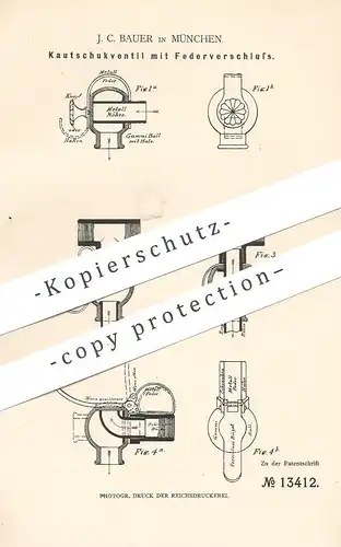 original Patent - J. C. Bauer , München , 1880 , Kautschukventil mit Federverschluss | Kautschuk , Gummi , Ventil !!