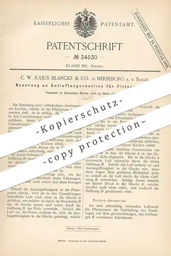 original Patent - C. W. Julius Blancke & Co. Merseburg / Saale 1885 | Entlüftungsventil für Filterpresse | Filter Presse