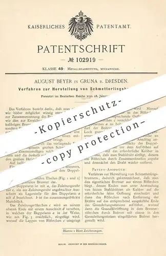 original Patent - August Beyer , Gruna / Dresden , 1898 , Herstellung von Schmetterlingsbrenner | Brenner , Metall !!