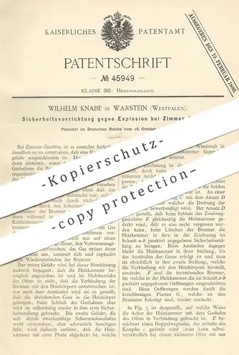 original Patent - Wilhelm Knabe , Warstein , Westfalen , 1887 , Schutz vor Explosion bei Gasofen | Gas Ofen | Ofenbauer