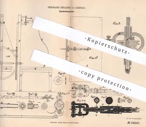 original Patent - Hermann Berliner , Krefeld 1885 , Zuschneideapparat | Stoff schneiden | Schneider , Nähen , Bekleidung