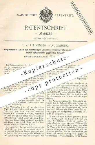original Patent - L. A. Riedinger , Augsburg , 1890 , Wägemaschinen - Gefäß | Waage , Waagen , Wiegen , Waaggefäß !!