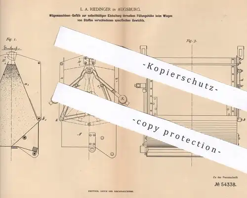 original Patent - L. A. Riedinger , Augsburg , 1890 , Wägemaschinen - Gefäß | Waage , Waagen , Wiegen , Waaggefäß !!