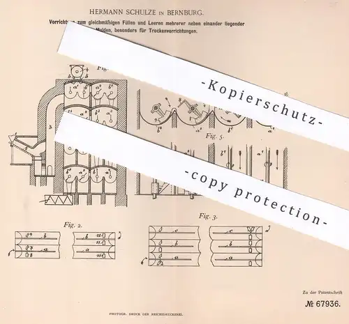 original Patent - Hermann Schulze , Bernburg , 1892 , gleichmäßiges Füllen & Leeren von Mulden | Trockenvorrichtung !!