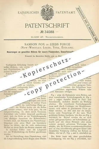 original Patent - Samson Fox , Leeds Forge , New Wortley , York , England , 1885 , gewelltes Rohr für Flammrohr | Ofen