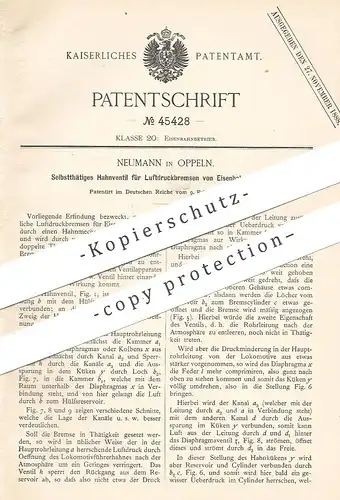 original Patent - Neumann , Oppeln , 1888 , Hahnventil für Luftdruckbremse an Eisenbahn | Eisenbahnen , Bremse , Ventil