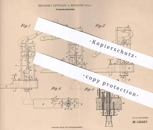 original Patent - Edoardo Cevolani , Bologna , Italien , 1901 , Flaschenkorkmaschine | Flaschen - Korkmaschine | Kork !