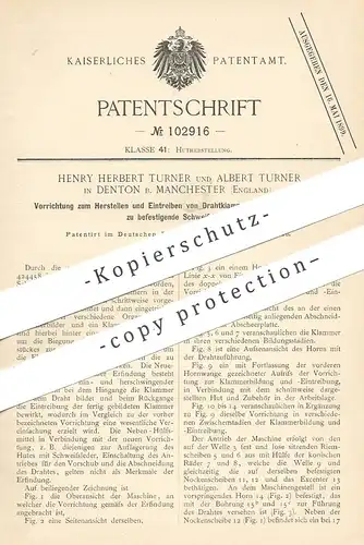 original Patent - Henry Herbert Turner , Albert Turner , Denton , Manchester , England | Hut , Hüte | Modist , Hutmacher