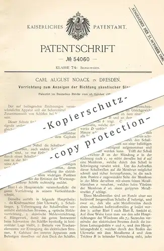 original Patent - Carl August Noack , Dresden , 1889 , Anzeigen der Richtung akustischer Signale | Eisenbahn - Signal
