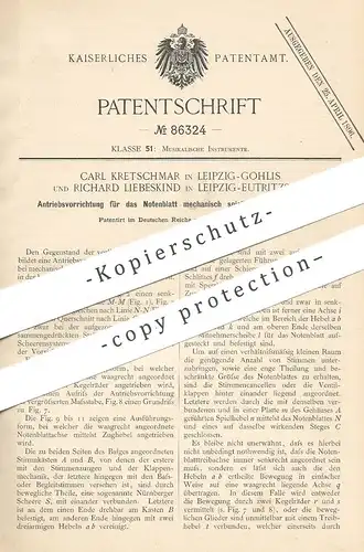 original Patent - Carl Kretschmar | Richard Liebeskind , Leipzig , 1895 , Notenblatt - Antrieb für Harmonika , Akkordeon