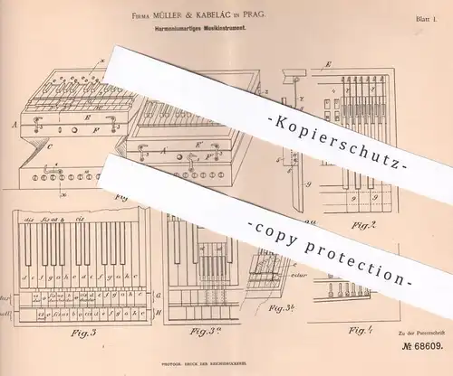 original Patent - Müller & Kabelác , Prag , 1892 , Harmoniumartiges Musikinstrument | Harmonium , Akkordeon , Harmonika