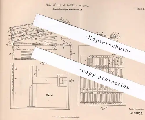 original Patent - Müller & Kabelác , Prag , 1892 , Harmoniumartiges Musikinstrument | Harmonium , Akkordeon , Harmonika