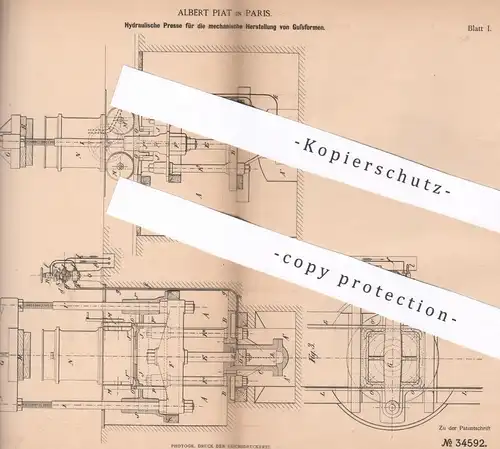 original Patent - Albert Piat , Paris , Frankreich , 1885 , Hydraulische Presse für Gussformen | Guss , Pressen , Formen