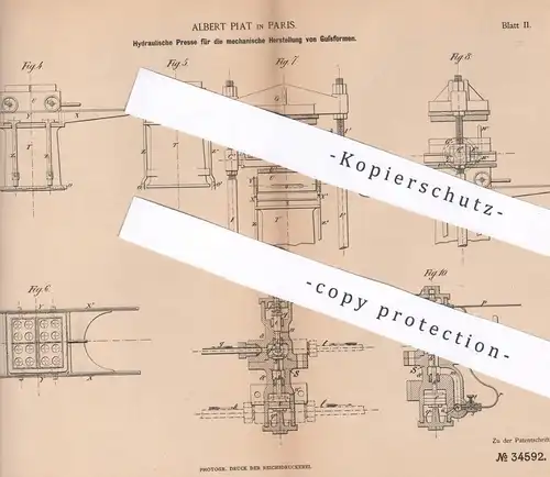 original Patent - Albert Piat , Paris , Frankreich , 1885 , Hydraulische Presse für Gussformen | Guss , Pressen , Formen