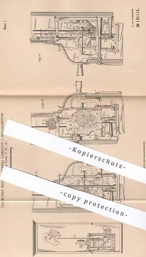 original Patent - The Bundy Manufacturing Company , Binghampton , New York USA , Arbeitszeitkontrolle | Stechuhr Uhrwerk