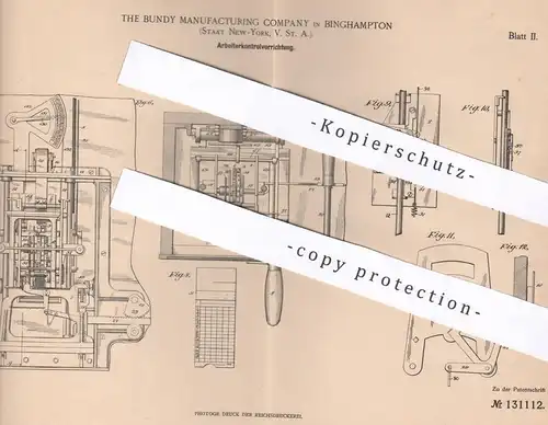 original Patent - The Bundy Manufacturing Company , Binghampton , New York USA , Arbeitszeitkontrolle | Stechuhr Uhrwerk