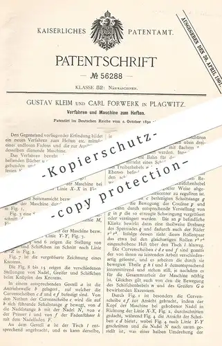 original Patent - Gustav Kleim , Carl Forwerk , Plagwitz , 1890 , Maschine zum Heften | Nähmaschine , Schneider , Nähen