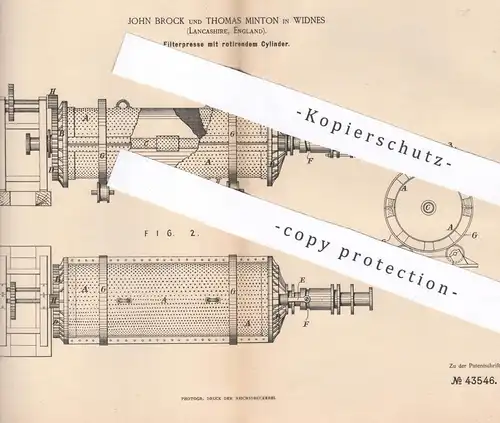 original Patent - John Brock , Thomas Minton , Widnes , Lancashire , England , 1887 , Filterpresse | Filter , Pressen !