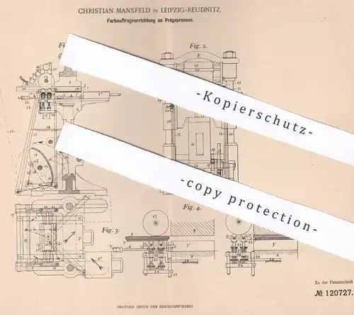 original Patent - Christian Mansfeld , Leipzig / Reudnitz , 1900 , Farbwerk an Prägepresse , Druckpresse | Buchbinder