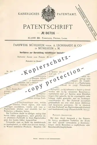 original Patent - Farbwerk Mühlheim vorm. A. Leonhardt & Co. Mühlheim / Main , 1893 , violettblauer basischer Farbstoff