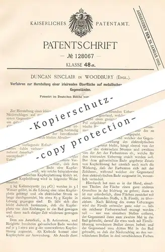original Patent - Duncan Sinclair , Woodbury , England , 1900 , irisierende Oberfläche auf Metall | Alkali , Blei !!!
