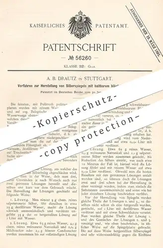 original Patent - A. B. Drautz , Stuttgart , 1890 , Silberspiegel mit bläulichem Farbton | Spiegel , Glasspiegel , Glas