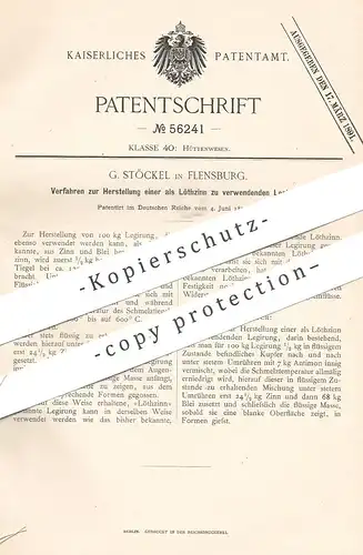 original Patent - G. Stöckel , Flensburg , 1890 , Legierung als Löthzinn | Lötzinn | Löten , Zinn , Blei , Chemie !!