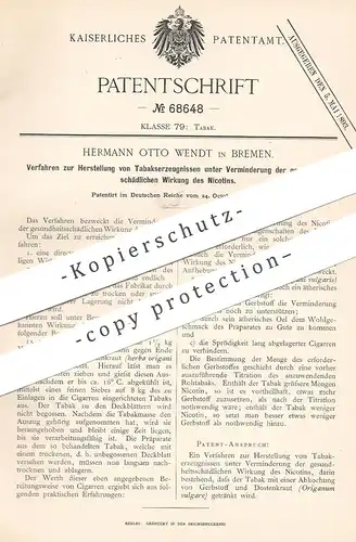 original Patent - Hermann Otto Wendt , Bremen 1891 , Verminderung der Schädigung durch Nikotin bei Zigaretten , Zigarren