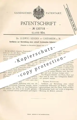 original Patent - Dr. Ludwig Sender , Griesheim / Main , 1900 , schnell trocknender Überzug auf Brikett | Kohle , Teer !