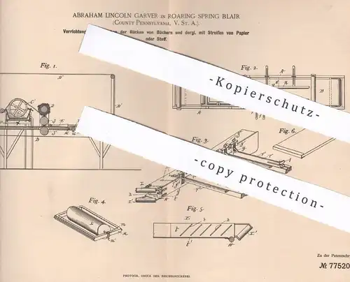 original Patent - Abraham Lincoln Garver , Roaring Spring Blair , Pennsylvania , USA , 1894 , Buchrücken kleben | Bücher