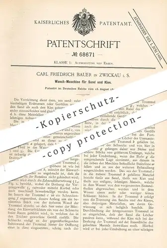 original Patent - Carl Friedrich Bauer , Zwickau , 1892 , Waschmaschine für Sand und Kies | Trommel , Gestein , Erz !!!