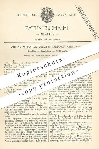 original Patent - William Wheaton Wade , Medford , Massachusetts , USA , 1887 , Stoffknopf | Knopf , Knöpfe , Schneider