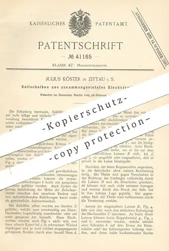 original Patent - Julius Köster , 1887 , Seilscheiben aus Blechstreifen | Formeisen , Eisen , Blech , Schlosser !!