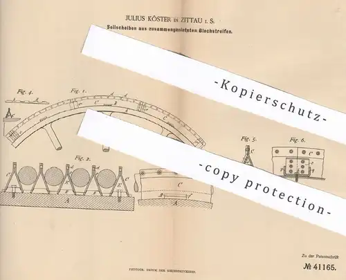 original Patent - Julius Köster , 1887 , Seilscheiben aus Blechstreifen | Formeisen , Eisen , Blech , Schlosser !!