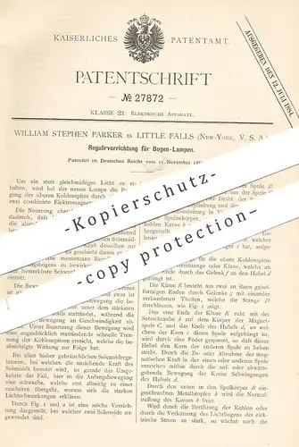 original Patent - William Stephen Parker , Little Falls , New York , USA , 1883 , Regulierung für Bogenlampe | Lampe