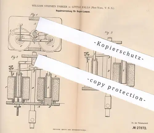 original Patent - William Stephen Parker , Little Falls , New York , USA , 1883 , Regulierung für Bogenlampe | Lampe