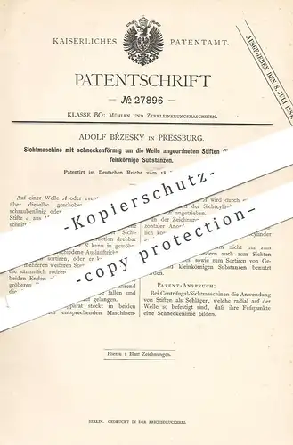 original Patent - Adolf Brzesky , Pressburg , 1883 , Sichtmaschine für Mehl , Körner , Getreide | Mühle , Mühlen !!