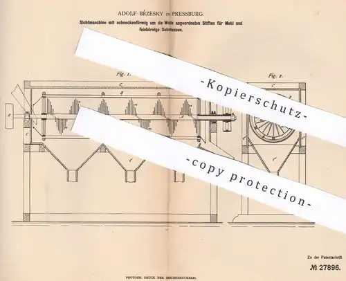 original Patent - Adolf Brzesky , Pressburg , 1883 , Sichtmaschine für Mehl , Körner , Getreide | Mühle , Mühlen !!