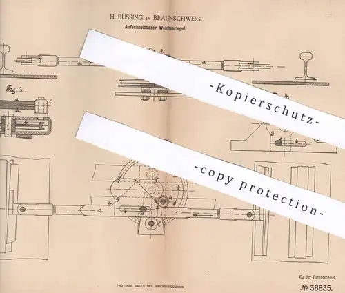 original Patent - H. Büssing , Braunschweig , 1886 , Aufschneidbarer Weichenriegel | Eisenbahn , Weichen , Stellwerk !!