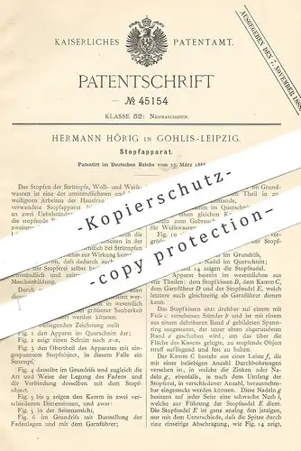 original Patent - Hermann Hörig , Leipzig / Gohlis , 1888 , Stopfapparat | Stopfen , Nähmaschine , Schneider !!