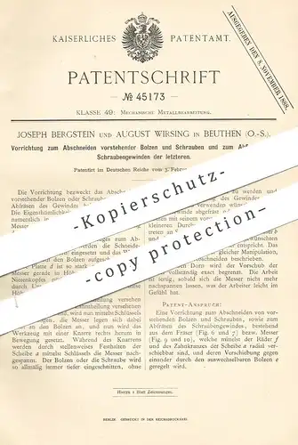 original Patent - Joseph Bergstein , August Wirsing , Beuthen | Schneiden u. Fräsen von Gewinde , Bolzen , Schrauben