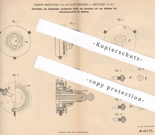 original Patent - Joseph Bergstein , August Wirsing , Beuthen | Schneiden u. Fräsen von Gewinde , Bolzen , Schrauben