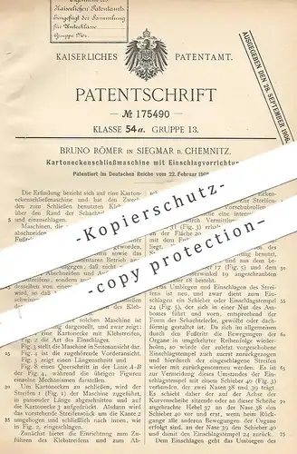 original Patent - Bruno Römer , Siegmar / Chemnitz , 1905 , Schließmaschine für Kartonecken | Schachtel | Pappe , Karton