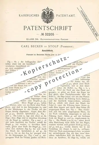 original Patent - Carl Becker , Stolp / Pommern , 1884 , Ausziehtisch | Tisch , Holztisch , Tische , Tischler