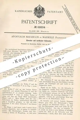 original Patent - Apostolos Marangos , Marseille , Frankreich , 1892 , Elevator mit vertikaler Schnecke | Hebezeug !!!