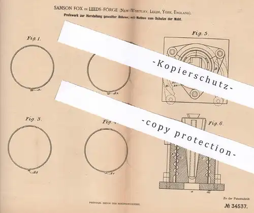 original Patent - Samson Fox , Leeds Forge , New Wortley , York , England , 1885 | Presswerk für Rohr | Rohr , Metall !!