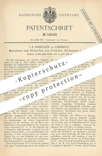original Patent - J. E. Reinecker , Chemnitz , 1885 , Schleifen der Fräser , Reibahlen | Schleifmaschine , Fräse