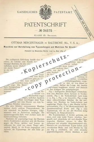 original Patent - Ottmar Mergenthaler , Baltimore , USA , 1885 | Typenstangen u. Matrizen für Druckerei | Druck , Typen